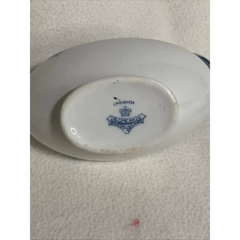 J & G Meakin Ipswich Gravy Boat and Plate - Blue, White and Gold Hanley, England